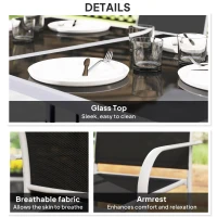 Outsunny 7 Piece Outdoor Garden Dining Set with Table and 6 Stackable Chairs, Steel Frame, Tempered Glass Top, Mesh Seats, Black(m-7)