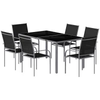 Outsunny 7 Piece Outdoor Garden Dining Set with Table and 6 Stackable Chairs, Steel Frame, Tempered Glass Top, Mesh Seats, Black(m-13)