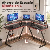 HOMCOM Escritorio Esquinero con Enchufes en Forma de L 128x128 cm con Soporte para Monitor Gancho y Portavasos Negro(m-4)