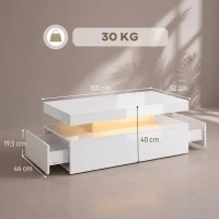 HOMCOM Table basse LED avec rangement, table de salon moderne 2 niveaux avec 2 tiroirs, blanc laqué(m-3)