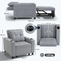 HOMCOM 3-in-1 Single Sofa Bed, Convertible Sleeper Chair Bed - Light Grey(m-3)