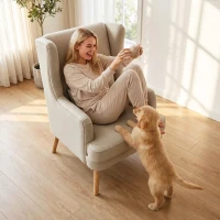 HOMCOM Fauteuil d'appoint, fauteuil aspect lin, dossier haut, assise large, coussin lombaire, Beige(m-4)