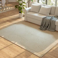 HOMCOM Tappeto Moderno Antiscivolo in Poliestere e Cotone con Design di Linee, per Soggiorno, Camera da Letto, Crema(m-10)
