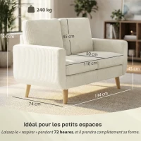 HOMCOM Canapé 2 places en velours côtelé, canapé de salon moderne 134 cm, assise rembourrée, coussin à ressorts, crème(m-3)