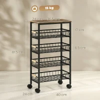 HOMCOM Beistellwagen auf Rollen 4 herausnehmbare Körbe Belastung 15 kg Metallrahmen für Esszimmer 40x24x81,5 cm Rustikales Braun(m-3)