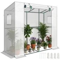 Outsunny Mini-kas, aanleunkas met roldeur en netramen, UV-bestendig, voor bloemen, zaailingen, planten, Wit(m-15)