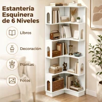 HOMCOM Estantería de esquina, estante de almacenamiento de 6 niveles con paneles laterales arqueados, 60 x 60 x 165,5 cm, blanco(m-4)