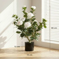 HOMCOM Planta Artificial de Camelia 65cm Árbol Artificial en Maceta con Flores de Seda Realistas 116 Hojas Efecto Musgo Blanco(m-3)