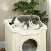 PawHut Casinha para gato de interior 3 níveis, torre para gato com arranhador em sisal 41 x 41 x 75,5 cm, creme(m-5)
