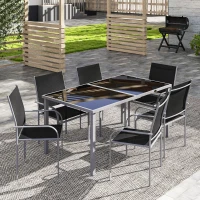 Outsunny 7 Piece Outdoor Garden Dining Set with Table and 6 Stackable Chairs, Steel Frame, Tempered Glass Top, Mesh Seats, Black(m-12)