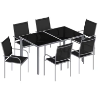 Outsunny 7 Piece Outdoor Garden Dining Set with Table and 6 Stackable Chairs, Steel Frame, Tempered Glass Top, Mesh Seats, Black(m-1)