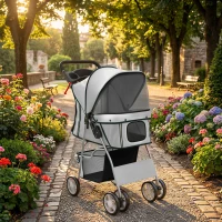 PawHut Poussette buggy pliable animaux chariot pliante chien chat porte-gobelet panier de rangement 75 x 45 x 97 cm gris(m-2)