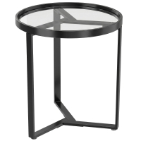 HOMCOM Runder Beistelltisch mit gehärteter Glasplatte und geometrischem Metallgestell für kleine Räume, Schwarz