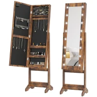 HOMCOM Schmuckschrank mit verstellbarem Spiegel und LED-Beleuchtung 36x30x136 cm Rustikales Braun(m-8)