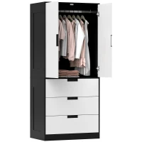 HOMCOM Roupeiro 2 Portas com 3 Gavetas, Roupeiro Moderno com Barra de Cabideiro, para Quarto, Preto Branco(m-7)