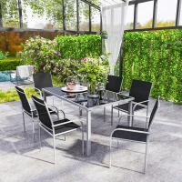 Outsunny 7 Piece Outdoor Garden Dining Set with Table and 6 Stackable Chairs, Steel Frame, Tempered Glass Top, Mesh Seats, Black(m-9)