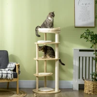 PawHut Arbre à chat griffoir grattoir avec poteaux sisal coussin amovible plateforme peluche et bois hauteur 123,5 cm beige(m-10)