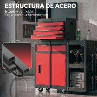 HOMCOM Carro de Herramientas con Ruedas 3 en 1 con 5 Cajones y Armario Inferior Paneles Perforados y Cerradura Negro y Rojo(m-7)