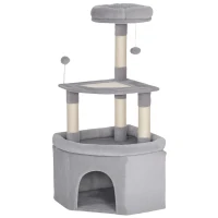 PawHut Árvore para gatos torre de atividades para gatos arranhadores sisal, plataforma, toca, pelúcia, bolas, 49x49x114cm cinza claro(m-7)