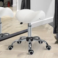 HOMCOM Height Adjustable Saddle Stool with Swivel Wheels, Faux Leather Salon Chair for Hairdressing, Beauty, Tattoo, White(m-10)