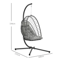 Outsunny Poltrona Sospesa in Rattan PE con Cuscino, Seduta Pieghevole e Struttura in Acciaio, Grigio(m-3)