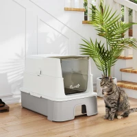 PawHut Litière en acier inoxydable avec couvercle, bac à litière XL avec pelle, bac extractible, parois hautes, facile à nettoyer, gris(m-6)