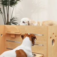 PawHut Comedouro elevado para cães de 3 alturas ajustáveis comedouro para cão 2 tigelas aço inoxidável 63 x 58,5 x 40 cm carvalho(m-5)