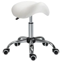 HOMCOM Height Adjustable Saddle Stool with Swivel Wheels, Faux Leather Salon Chair for Hairdressing, Beauty, Tattoo, White(m-1)