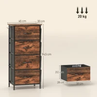 HOMCOM Kommode 4 Stoffschubladen, Aufbewahrungsmöbel mit 4 Taschen, 2 Haken, Stahlrahmen, 45 x 30 x 94,5 cm, braun(m-3)