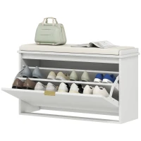HOMCOM Panca Scarpiera con Ripiano Interno, in Legno e Tessuto Effetto Lino, 80x26x47.5 cm, Bianca e Beige(m-11)