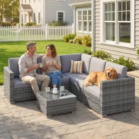 Outsunny 4 Pieces Rattan Garden Furniture Set, Wicker Outdoor Furniture Set with Corner Sofa Loveseat Coffee Table Cushions, Conservatory Furniture Set for Patio Balcony Poolside, Grey(m-14)