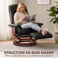 HOMCOM Fauteuil Relax Inclinable, Fauteuil de Salon, Repose-Pieds Réglable, Pivotant 360°, Piètement Bois, Revêtement Synthétique, Noir(m-7)