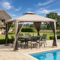 Outsunny Outdoor Gazebo, 2-tier Roof with Netting for Garden Patio, 295L x 295W x 263Hcm, Taupe(m-14)