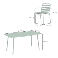 Outsunny Conjunto de jardim conjunto de jantar para jardim 7 peças com 1 mesa e 6 cadeiras empilháveis em aço verde claro(m-3)
