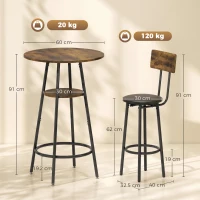 HOMCOM Set masă înaltă industrial cu 2 taburete tapițate, suporturi pentru picioare, cadru metalic, masă de bucătărie cu raft, Maro rustic(m-3)