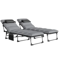 Outsunny Lot de 2 Bain de Soleil Chaise Longue Jardin avec Matelas 9cm Pliable Dossier Réglable 5 Positions Appui-tête 200cm Gris(m-1)
