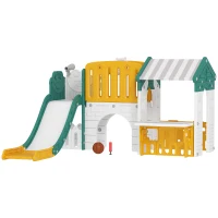 AIYAPLAY Tobogán Infantil 7 en 1 con Caseta Escalera Aro de Baloncesto Túnel Pizarra Telescopio para Interior Amarillo y Verde(m-11)