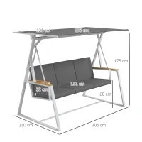 Outsunny Balanço de jardim 3 lugares com toldo inclinação ajustável colchão fornecido dim. 205L x 130l x 175H cm cinza escuro(m-3)