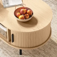 HOMCOM Table basse ovale en bois, table de salon moderne avec portes coulissantes et rangement caché, 100x55x40cm, bois naturel(m-11)