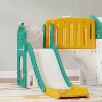 AIYAPLAY Tobogán Infantil 7 en 1 con Caseta Escalera Aro de Baloncesto Túnel Pizarra Telescopio para Interior Amarillo y Verde(m-9)