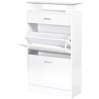 HOMCOM Organizador de Zapatos Multifuncional Zapatero con 3 Cajones Estante de Vidrio Asa de Aluminio para Pasillo Tablero de Partículas Carga 50 kg 60x24x105,5 cm Blanco(m-12)