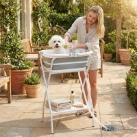 PawHut Dog Bath Tub, Portable Foldable Dog Bathtub with Stand, Drainage Hole, for Small Dogs Puppies Grey(m-10)