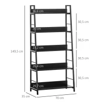 HOMCOM Estante Biblioteca de Arrumação Estilo Industrial inclinada 5 Níveis 70L x 35l x 150H cm Preto(m-3)