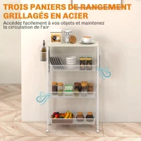 HOMCOM Desserte de cuisine à roulettes, chariot de rangement 3 panier, 1 panier suspendu et crochets, 58 x 18,5 x 87 cm, blanc(m-4)