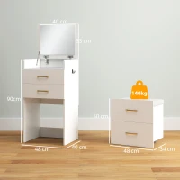 HOMCOM 3-in-1 Make-uptafel met Spiegel, Nachtkastje, Rollende Kruk, Lades, Wit(m-3)