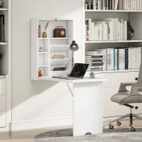 HOMCOM Secretária de parede dobrável, mesa mural dobrável com prateleiras para sala, sala de jantar, escritório, 93,8 x 60 x 147 cm, branco(m-2)