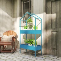 Outsunny Étagère à Plantes 2 Niveaux, Support de Plantes en Métal avec Crochet, Porte-Pots en Forme de Maison, Bleu-Vert(m-2)