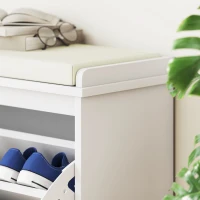 HOMCOM Panca Scarpiera con Ripiano Interno, in Legno e Tessuto Effetto Lino, 80x26x47.5 cm, Bianca e Beige(m-9)