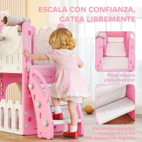 AIYAPLAY Tobogán Infantil 7 en 1 Temática de Rana con Aro de Baloncesto Túnel Pizarra Telescopio Escalador y Cajas Rosa(m-7)