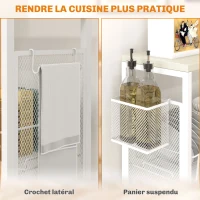 HOMCOM Desserte de cuisine à roulettes, chariot de rangement 3 panier, 1 panier suspendu et crochets, 58 x 18,5 x 87 cm, blanc(m-5)